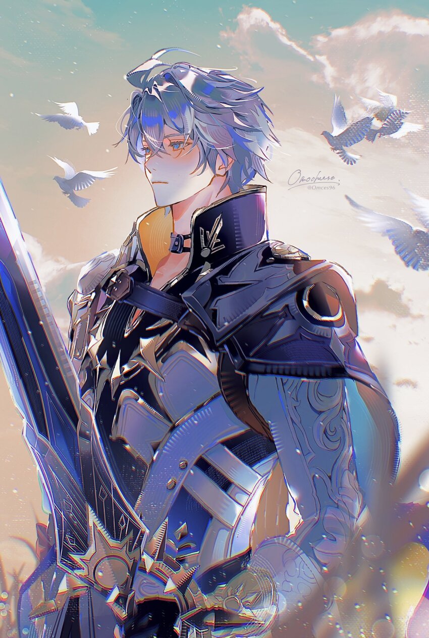 1boy antenna_hair armor artist_name bird black_choker black_gloves black_shirt blue_cape blue_eyes blue_sky cape choker coat commentary dove fingerless_gloves gloves highres holding holding_sword holding_weapon honkai:_star_rail honkai_(series) looking_to_the_side male_focus omces96 outdoors pauldrons phainon_(honkai:_star_rail) shirt short_hair shoulder_armor signature single_pauldron sky solo sword twitter_username upper_body weapon white_coat white_hair