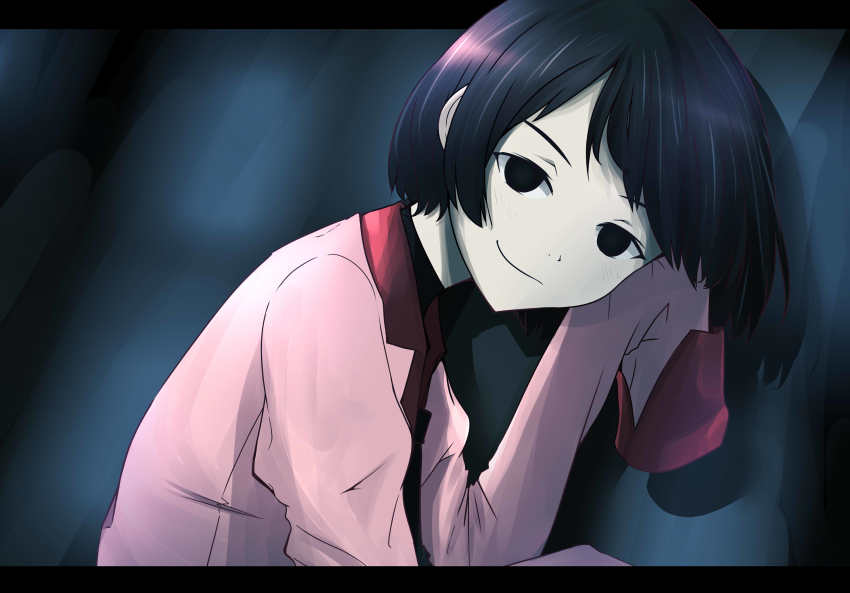 1girl absurdres bad_id bad_pixiv_id black_background black_eyes black_hair black_undershirt blue_background bob_cut commentary empty_eyes hand_to_head head_tilt highres letterboxed light_blush long_sleeves marky_evan monogatari_(series) naoetsu_high_school_uniform oshino_ougi outside_border pale_skin pink_shirt school_uniform shirt short_hair sleeves_past_fingers sleeves_past_wrists smile smirk solo upper_body