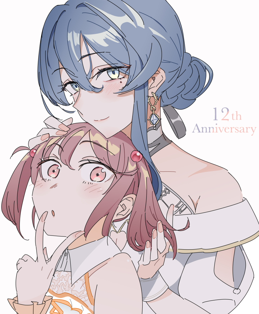 2girls absurdres anniversary anotsugini_kuruji blue_eyes blue_hair dress gotland_(anniversary)_(kancolle) gotland_(kancolle) hair_between_eyes hair_bobbles hair_bun hair_ornament highres kantai_collection looking_at_viewer medium_hair mole mole_under_eye multiple_girls off-shoulder_dress off_shoulder official_alternate_costume pink_eyes pink_hair sazanami_(12th_anniversary)_(kancolle) sazanami_(kancolle) simple_background single_hair_bun upper_body white_background white_dress