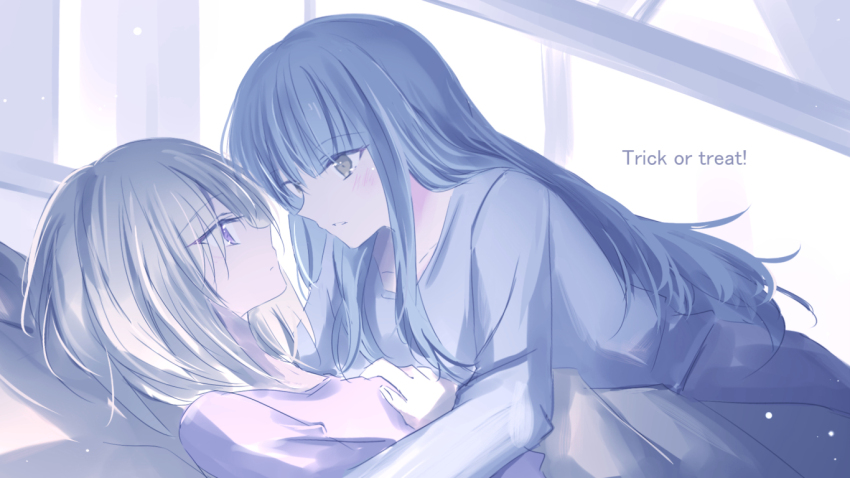 2girls 55ddee bang_dream! bang_dream!_it&#039;s_mygo!!!!! blonde_hair blue_hair blue_shirt blush closed_mouth english_text eye_contact hair_down halloween light_particles long_hair looking_at_another misumi_uika multiple_girls parted_lips purple_eyes purple_shirt shirt smile togawa_sakiko yuri