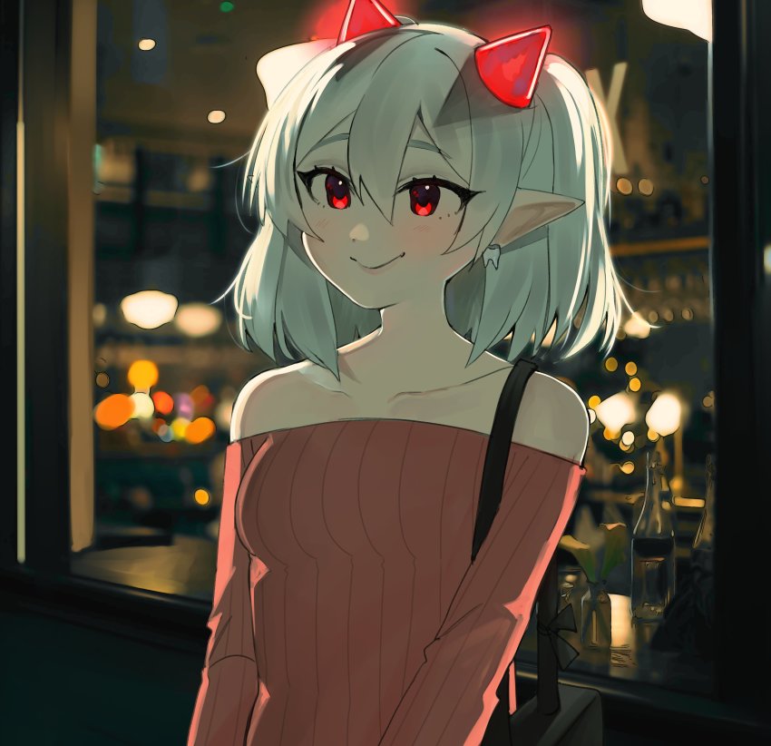 1girl absurdres bare_shoulders blush breasts closed_mouth collarbone demon_girl demon_horns earrings highres horns jewelry kumaartsu long_sleeves original pointy_ears red_hair short_twintails smile twintails upper_body white_hair