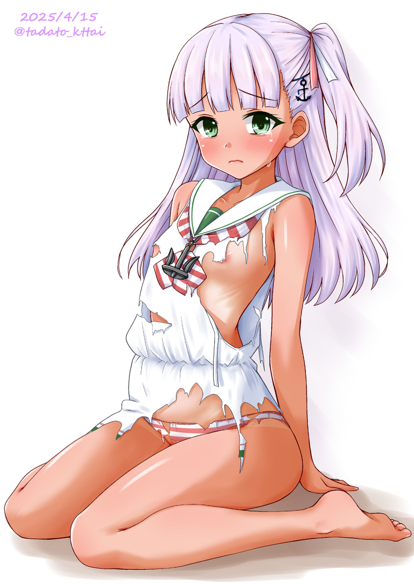1girl anchor_hair_ornament anchor_ornament barefoot blunt_bangs dated dress full_body green_eyes grey_hair hair_ornament highres kamiya_tadato kantai_collection long_hair looking_at_viewer maestrale_(kancolle) neckerchief one_side_up panties sailor_dress simple_background sitting sleeveless sleeveless_dress solo striped_clothes striped_neckerchief striped_panties tears torn_clothes twitter_username underwear wariza white_background white_dress