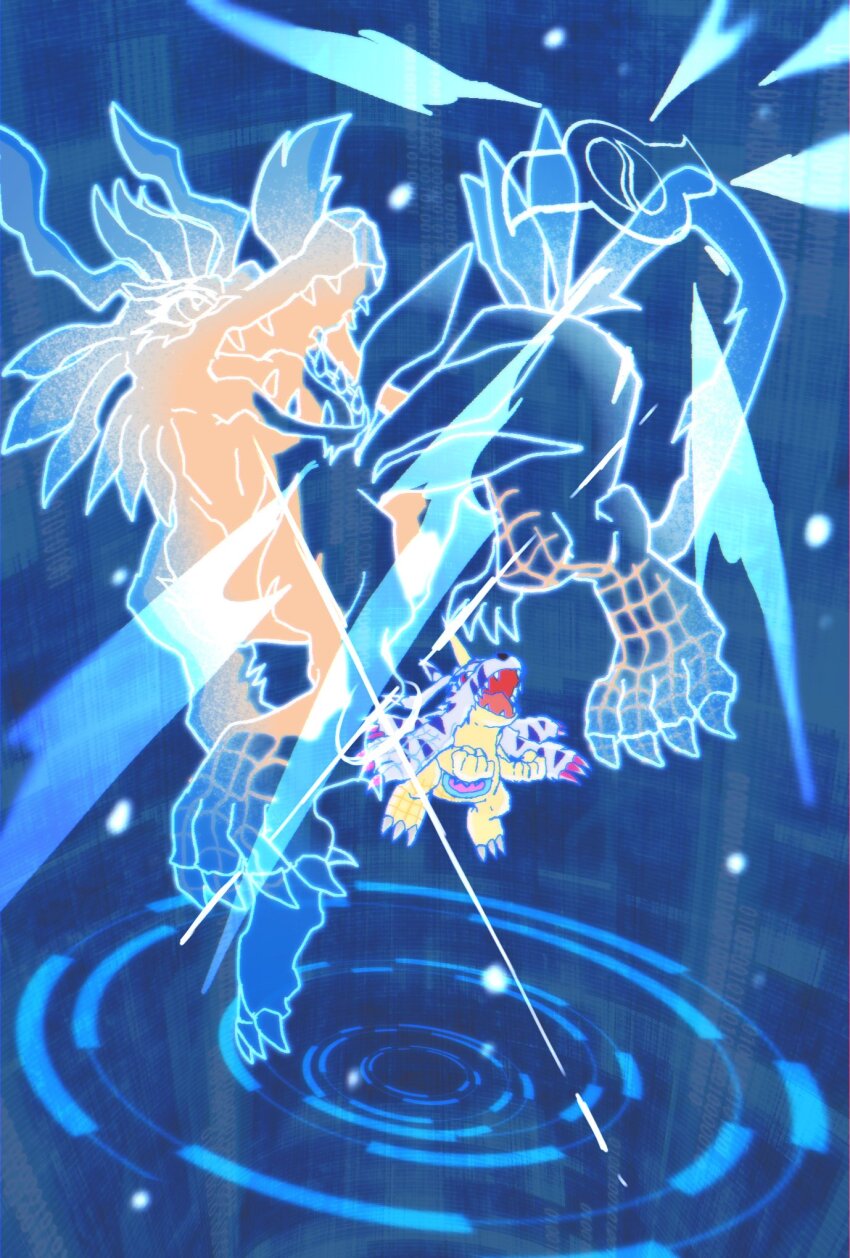 blue_fur clenched_hands digimon digimon_(creature) digimon_adventure digimon_adventure:_(2020) evolutionary_line full_body gabumon garurumon henshin highres horns lizard megane_mochi no_humans single_horn wide_shot wolf