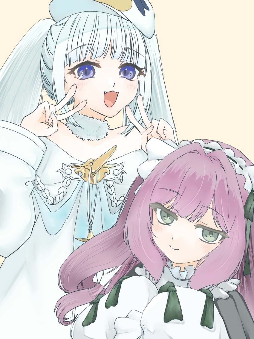 :d azur_lane blue_eyes closed_mouth dmitri_donskoi_(azur_lane) double_v dress dress_ribbon drill_hair fang frilled_dress frilled_hairband frills green_eyes green_ribbon hair_ribbon hairband hands_up hat highres looking_at_viewer open_mouth parka purple_hair ribbon shampoooohat sleeves_past_fingers sleeves_past_wrists smile upper_body v vittorio_cuniberti_(azur_lane) white_hair white_hat