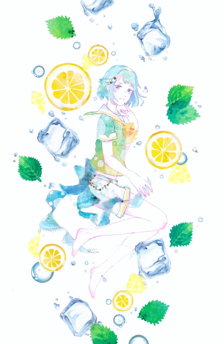 barefoot bubble ensemble_stars! food from_side fruit full_body green_shirt highres ice ice_cube lemon lemon_slice looking_at_viewer masking_tape_(medium) mint mixed_media neckerchief oikoko_koko pointing pointing_at_self sailor_collar shino_hajime_(carbonated_goldfish) shirt short_hair short_sleeves shorts swept_bangs traditional_media unconventional_media white_background white_sailor_collar white_shorts yellow_neckerchief