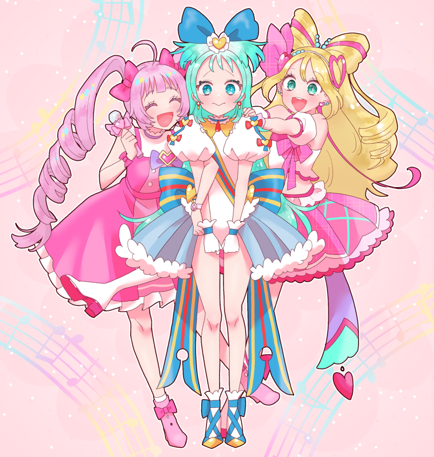 3girls :d ahoge aozora_himari aqua_eyes aqua_hair blonde_hair bow bow-shaped_hair circle_skirt coattails crossover cure_idol detached_sleeves dress gloves hair_bow hair_ornament hand_on_another&#039;s_shoulder heart heart_hair_ornament highres himitsu_no_aipri holding holding_wand kimi_to_idol_precure locked_arms long_hair magical_girl mario_(198609044) midriff multicolored_hair multiple_girls musical_staff navel open_mouth pink_background pink_dress pink_hair pink_skirt precure pretty_series princess_ripple princession_orchestra puffy_short_sleeves puffy_sleeves sakura_uta_(precure) season_connection shoes short_bangs short_sleeves skirt sleeveless sleeveless_dress smile sorano_minamo two-tone_hair two_side_up wand white_gloves wrist_cuffs