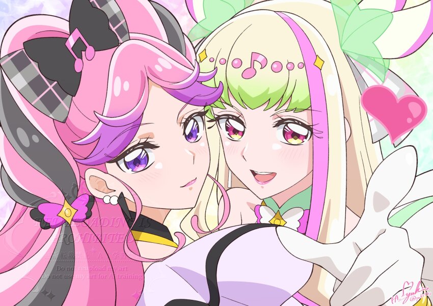 2girls bare_shoulders black_hair blonde_hair blunt_bangs blush braid choker cure_kiss cure_zukyuun curly_sidelocks earrings elbow_gloves finger_gun fortissimo gloves gradient_background gradient_hair green_hair hair_extensions hair_ornament hair_ribbon hair_tie hair_wings heart heart-shaped_pupils highres jewelry kimi_to_idol_precure long_hair looking_at_viewer meroron_(human_form) multicolored_hair multiple_earrings multiple_girls musical_note musical_note_hair_ornament parted_bangs pearl_earrings pink_hair pink_lips precure puffy_short_sleeves puffy_sleeves purirun_(human_form) purple_eyes red_eyes ribbon ribbon_choker short_sleeves signature symbol-shaped_pupils turning_head twin_braids twintails twitter_username upper_body watermark white_gloves wing_hair_ornament yuki9hi zooming_in