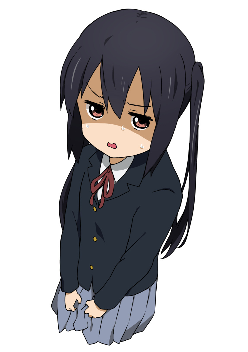 1girl absurdres black_hair brown_hair clothes_grab highres hot jitome k-on! kicchi_(tmgk) long_hair looking_at_viewer nakano_azusa open_mouth sakuragaoka_high_school_uniform school_uniform shaded_face skirt_grab sweat twintails white_background
