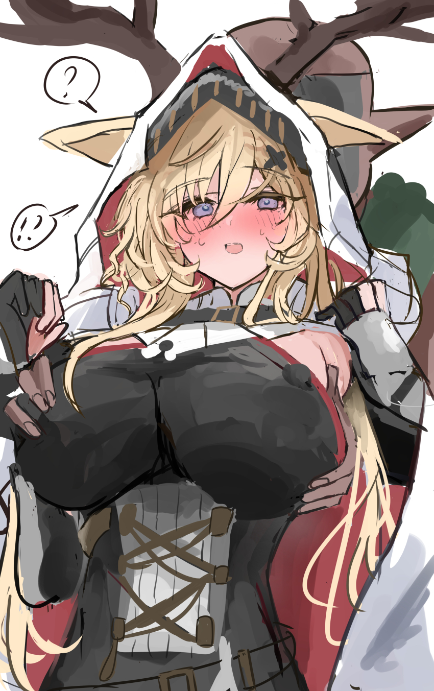 ! !? 1boy 1girl ? absurdres animal_ears antlers antlers_through_hood arknights black_dress blonde_hair blush covered_erect_nipples dark-skinned_male dark_skin dress ears_through_hood grabbing_another&#039;s_breast grabbing_from_behind groping hair_ornament highres horns long_hair moose_antlers moose_ears moose_girl open_mouth sarkaz_swordsman_(arknights) simple_background spoken_exclamation_mark spoken_question_mark sunaneko sweatdrop upper_body viviana_(arknights) white_background white_hood x_hair_ornament