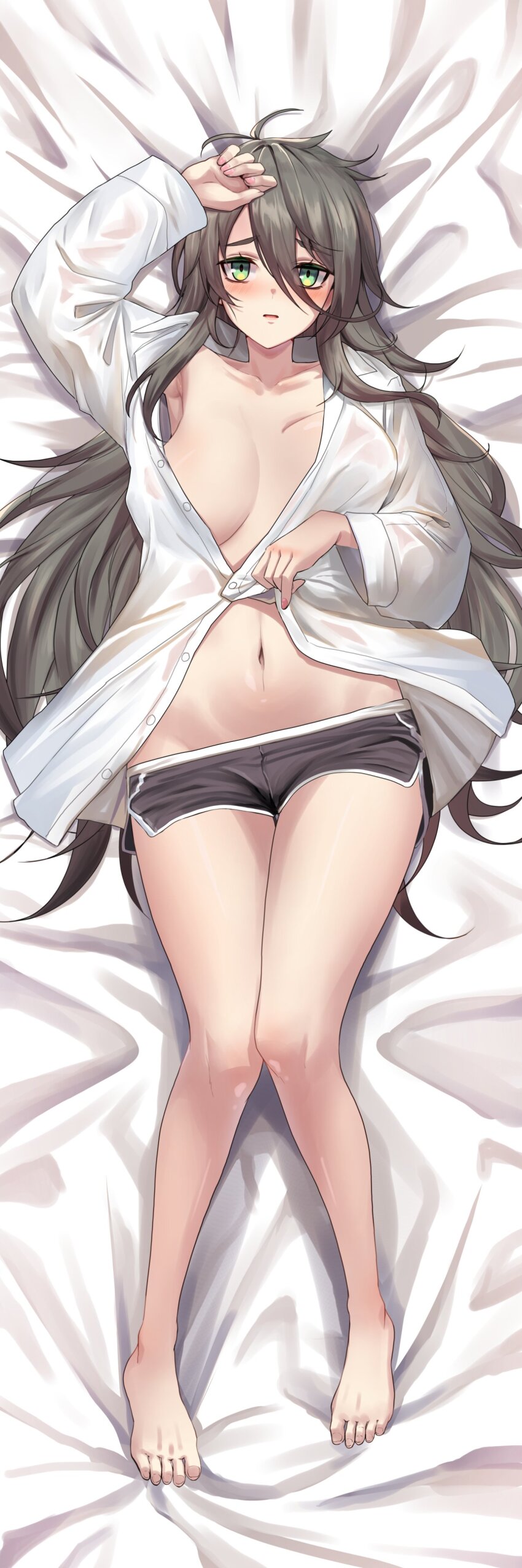 1girl absurdres ahoge armpits arms_up barefoot bed blush breasts brown_hair dakimakura_(medium) green_eyes grey_shorts highres large_breasts long_hair long_sleeves looking_at_viewer lying navel open_mouth shirt shorts the_warrior_returns thighs unbuttoned unbuttoned_shirt very_long_hair white_blanket white_shirt yoo_sun-hwa