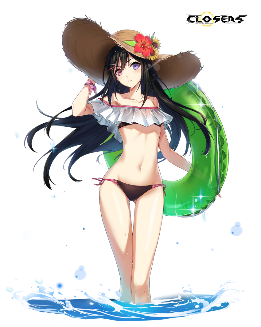 1girl bai_winchester bare_shoulders bikini black_bikini black_hair closers collarbone copyright_name floating_hair flower gluteal_fold green_innertube green_ribbon groin hair_between_eyes hand_on_headwear hat hat_flower hat_ribbon heterochromia hibiscus highres holding innertube logo long_hair looking_at_viewer navel off_shoulder official_art pink_eyes purple_eyes red_flower ribbon side-tie_bikini_bottom simple_background solo standing stomach straw_hat string_bikini sun_hat sunflower swim_ring swimsuit thighs variant_set very_long_hair wading water white_background wrist_ribbon