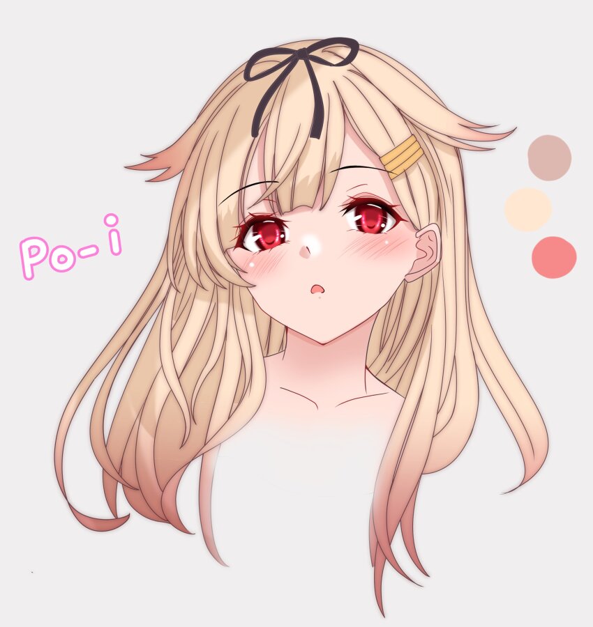 1girl absurdres black_ribbon blonde_hair collarbone color_guide cropped_torso gradient_hair grey_background hair_flaps hair_ribbon highres kantai_collection long_hair looking_at_viewer multicolored_hair nitamako_(sakamalh) poi red_eyes ribbon simple_background solo upper_body white_background yuudachi_(kancolle) yuudachi_kai_ni_(kancolle)
