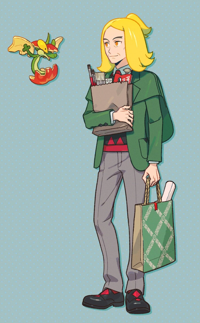 1boy absurdres bag black_footwear black_vest blonde_hair closed_mouth collared_shirt commentary_request flapple gen_8_pokemon green_bag green_jacket grey_pants hassel_(pokemon) highres jacket male_focus nintendo open_clothes open_jacket orange_eyes pants paper_bag parted_bangs pokemon pokemon_(creature) pokemon_sv shirt shoes shopping_bag smile standing u2t5k2s5 vest white_shirt