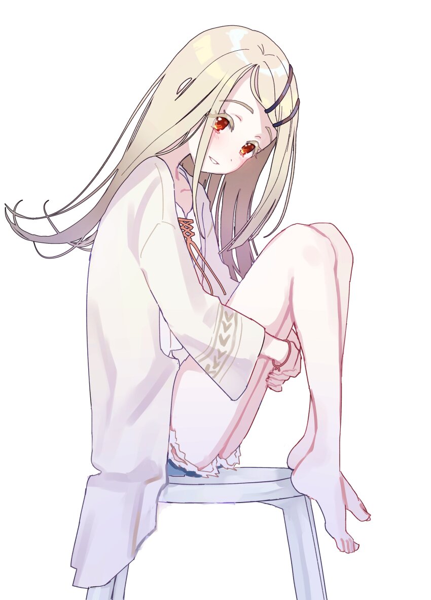 1girl absurdres bare_legs barefoot blonde_hair blush denim denim_shorts flat_chest full_body gakuen_idolmaster highres hugging_own_legs idolmaster jacket kanipoposu long_hair looking_at_viewer open_clothes open_jacket orange_eyes parted_lips shinosawa_hiro shorts simple_background sitting smile solo stool white_background