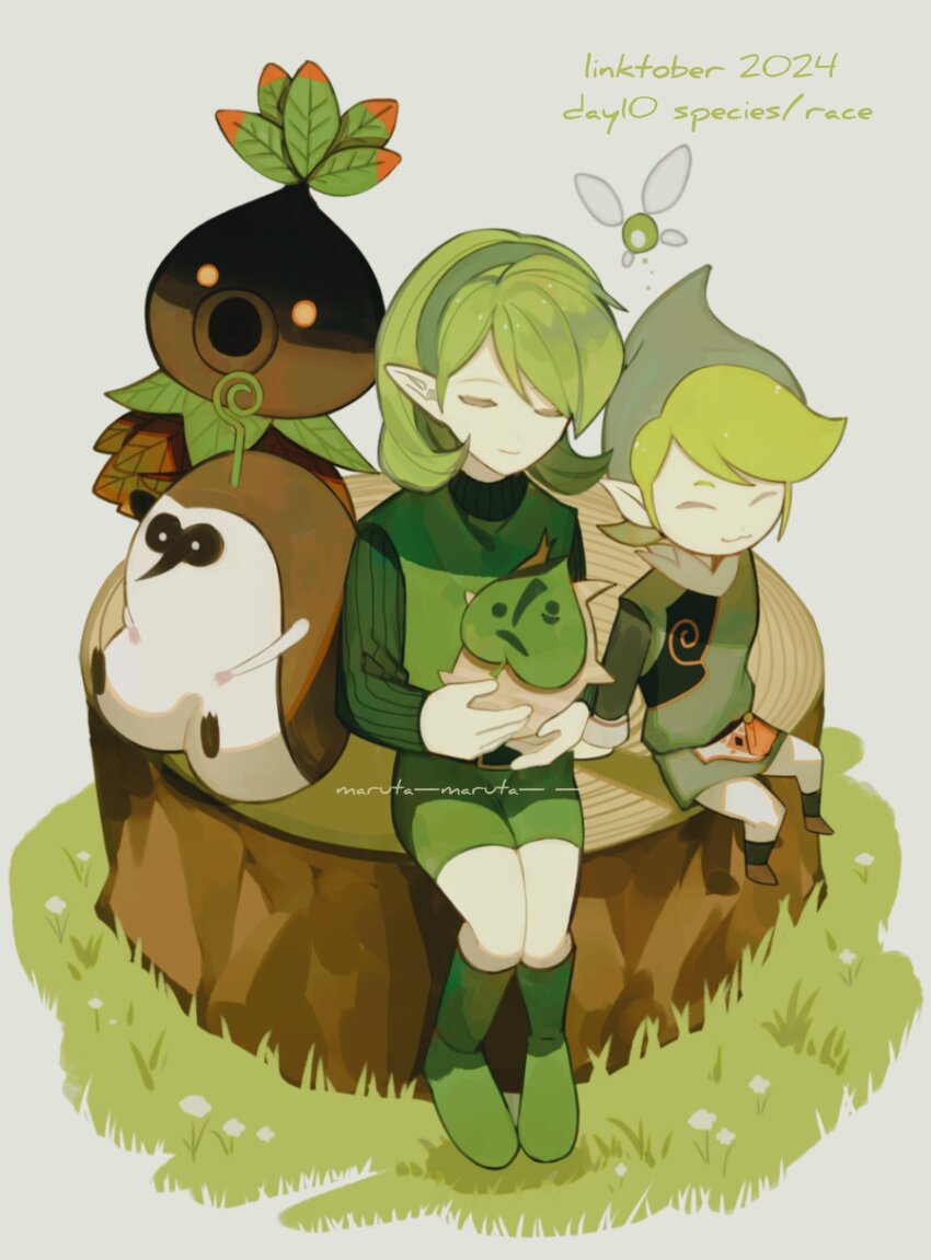 1boy 1girl 2024 blonde_hair boots closed_eyes deku_scrub fado_(wind_waker) fairy full_body glowing glowing_eyes grass green_hair grey_background hairband highres kikwi kokiri korok leaf makar maruta_maruta nintendo pointy_ears saria_(zelda) sitting smile sweater the_legend_of_zelda the_legend_of_zelda:_ocarina_of_time the_legend_of_zelda:_skyward_sword the_legend_of_zelda:_the_wind_waker tree_stump tunic turtleneck turtleneck_sweater