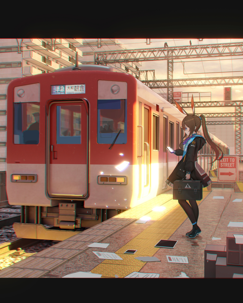 1girl absurdres amiya_(arknights) arknights arrow_(symbol) black_jacket black_pantyhose black_shoes blue_eyes box breasts briefcase cardboard_box cellphone chromatic_aberration commentary english_commentary from_side hair_between_eyes highres holding holding_phone hood hood_down hooded_jacket jacket long_sleeves medium_breasts open_clothes open_jacket outdoors pantyhose phone profile puffy_long_sleeves puffy_sleeves rabbit_girl sc068 shirt shoes solo standing sunset train train_station train_station_platform white_shirt