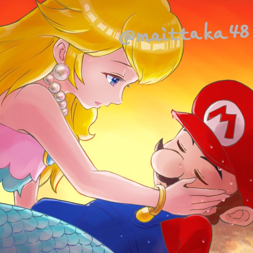 1boy 1girl beach blonde_hair blue_eyes breasts brooch brown_hair closed_eyes earrings facial_hair hand_on_another&#039;s_face hat highres jewelry long_hair looking_at_another lying mario mario_(series) medium_breasts mermaid mermaid_peach monster_girl mustache necklace nintendo overalls princess_peach princess_peach:_showtime! sleeping wet
