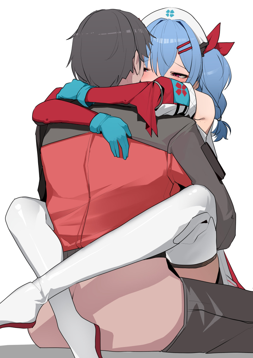 1boy 1girl absurdres black_hair blue_gloves blue_hair boots colphne_(girls&#039;_frontline_2) colphne_(silent_heart)_(girls&#039;_frontline_2) commander_(girls&#039;_frontline) commentary_request detached_sleeves girls&#039;_frontline girls&#039;_frontline_2:_exilium gloves hair_ribbon hetero highres hug implied_sex jacket leg_lock looking_at_another medium_hair narrowed_eyes official_alternate_costume red_eyes red_jacket red_ribbon ribbon sex short_hair simple_background sitting straddling thigh_boots twintails white_background white_boots yanagui_yugi