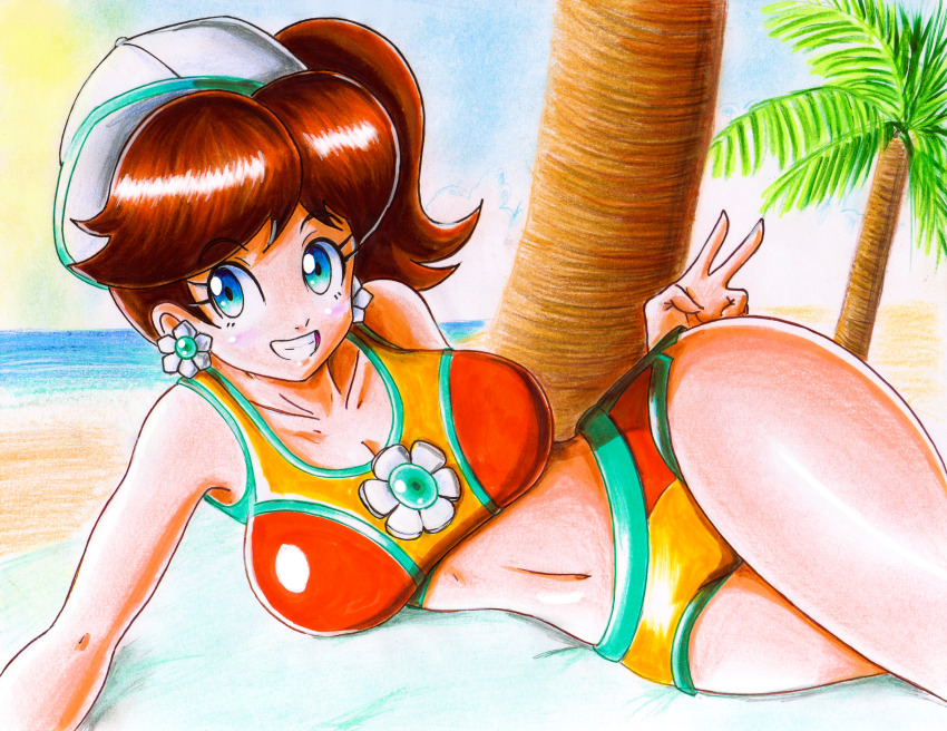 1girl akiralight baseball_cap beach bikini bikini_top_only blue_eyes blush breasts brooch brown_hair cleavage cloud collarbone earrings flower_brooch flower_earrings grin hat jewelry large_breasts long_hair looking_at_viewer lying mario_(series) mario_kart mario_kart_world navel nintendo ocean palm_tree ponytail princess_daisy princess_daisy_(swimwear)_(mario_kart_world) sand shorts sky smile swimsuit teeth traditional_media tree v water white_hat yellow_bikini yellow_shorts