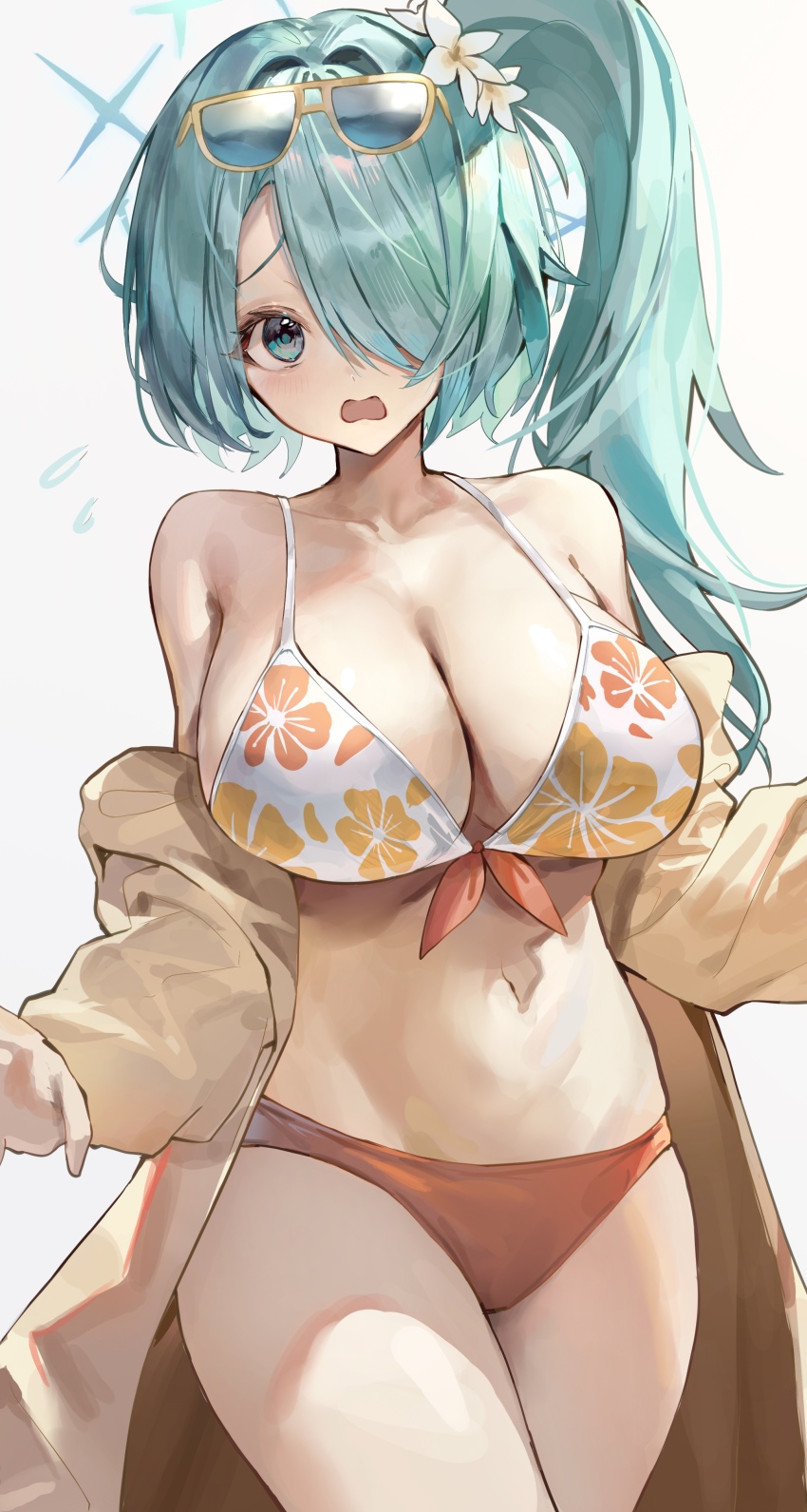 1girl absurdres bare_shoulders bikini blue_archive blush breasts brown_coat cleavage coat collarbone cowboy_shot eyewear_on_head floral_print flower green_eyes green_hair hair_flower hair_ornament hair_over_one_eye highres hiyori_(blue_archive) hiyori_(swimsuit)_(blue_archive) kabi_(zcwd8845) large_breasts long_hair long_sleeves navel off_shoulder official_alternate_costume one_eye_covered open_clothes open_coat open_mouth side_ponytail simple_background solo stomach sunglasses swimsuit thighs white_background
