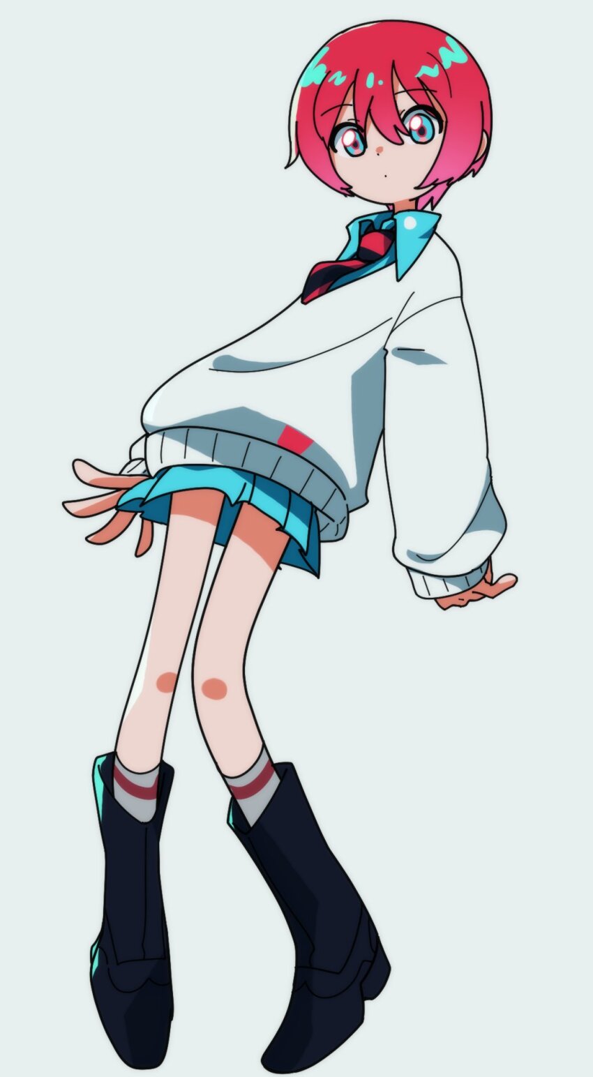 1girl amate_yuzuriha aqua_eyes boots commentary_request expressionless full_body gundam gundam_gquuuuuux highres looking_at_viewer nzeneee red_hair short_hair simple_background skirt solo sweater white_background