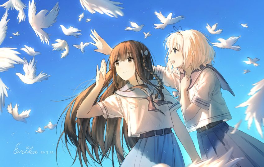 2girls absurdres belt bird black_neckerchief blue_eyes blue_sailor_collar blue_skirt braid brown_eyes brown_hair day erika_(user_spth3377) hair_ribbon hanamura_hinako highres kitanai_kimi_ga_ichiban_kawaii long_hair looking_up multiple_girls neckerchief pleated_skirt ribbon sailor_collar school_uniform serafuku sezaki_airi shirt short_hair short_sleeves skirt sky smile twin_braids white_hair