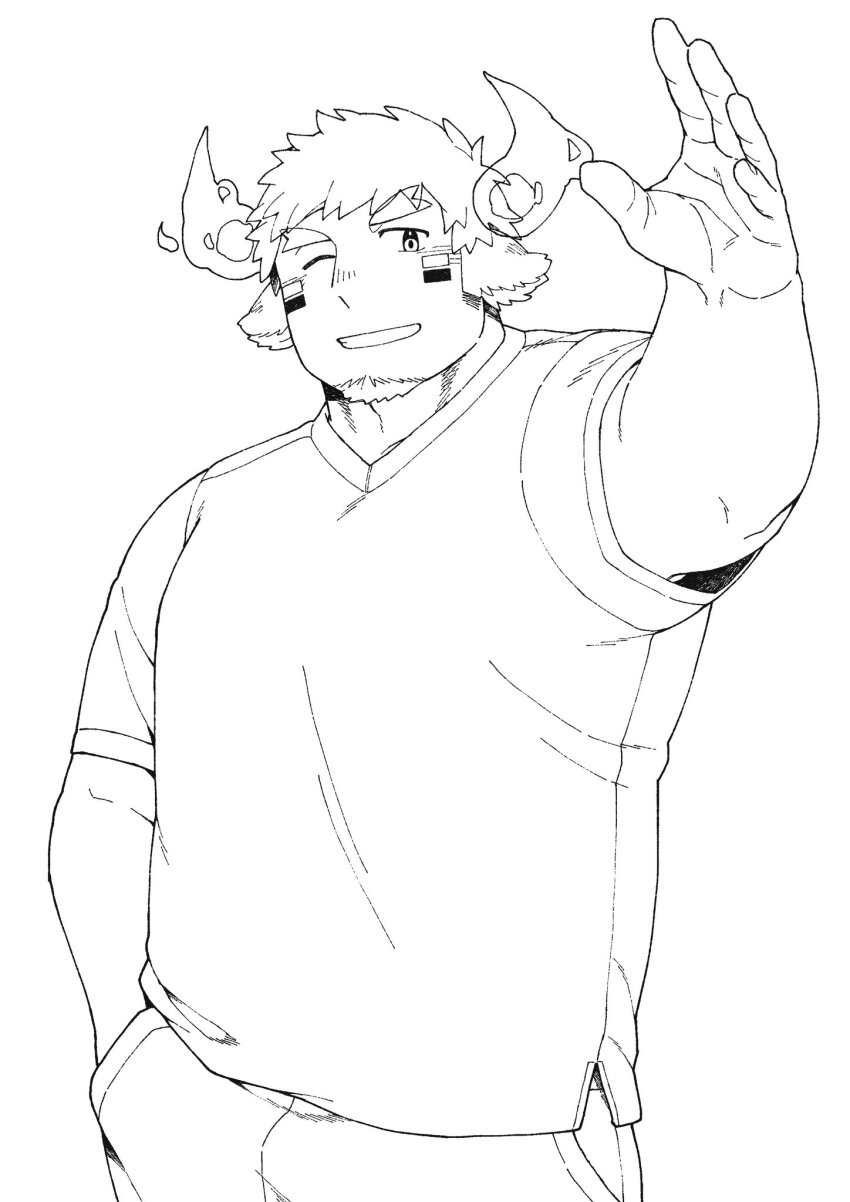 1boy animal_ears bara commentary_request cow_boy cow_ears cow_horns eye_black facial_hair fiery_horns forked_eyebrows goatee greyscale grin haishiba_ame hand_in_pocket highres horns looking_at_viewer male_focus monochrome muscular muscular_male one_eye_closed outstretched_arm pants shirt short_hair simple_background smile solo spiked_hair t-shirt thick_eyebrows tokyo_houkago_summoners upper_body wakan_tanka white_background