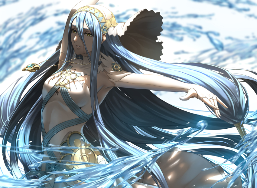 1girl azura_(fire_emblem) blue_hair breasts delsaber dress elbow_gloves fingerless_gloves fire_emblem fire_emblem_fates gloves highres hydrokinesis jewelry medium_breasts nintendo parted_lips pendant strapless strapless_dress upper_body veil water white_dress white_gloves white_veil