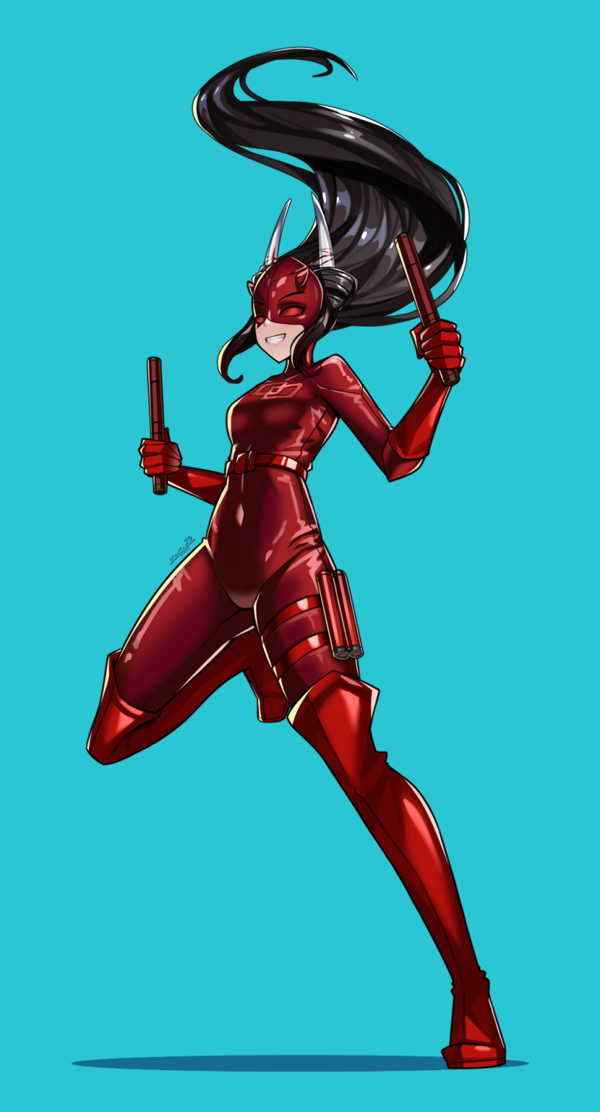 1girl aqua_background azur_lane bodysuit club_(weapon) commission cosplay covered_eyes daredevil daredevil_(cosplay) full_body hatsuzuki_(azur_lane) highres horns long_hair marvel red_bodysuit simple_background superhero_costume weapon zer0z_vi