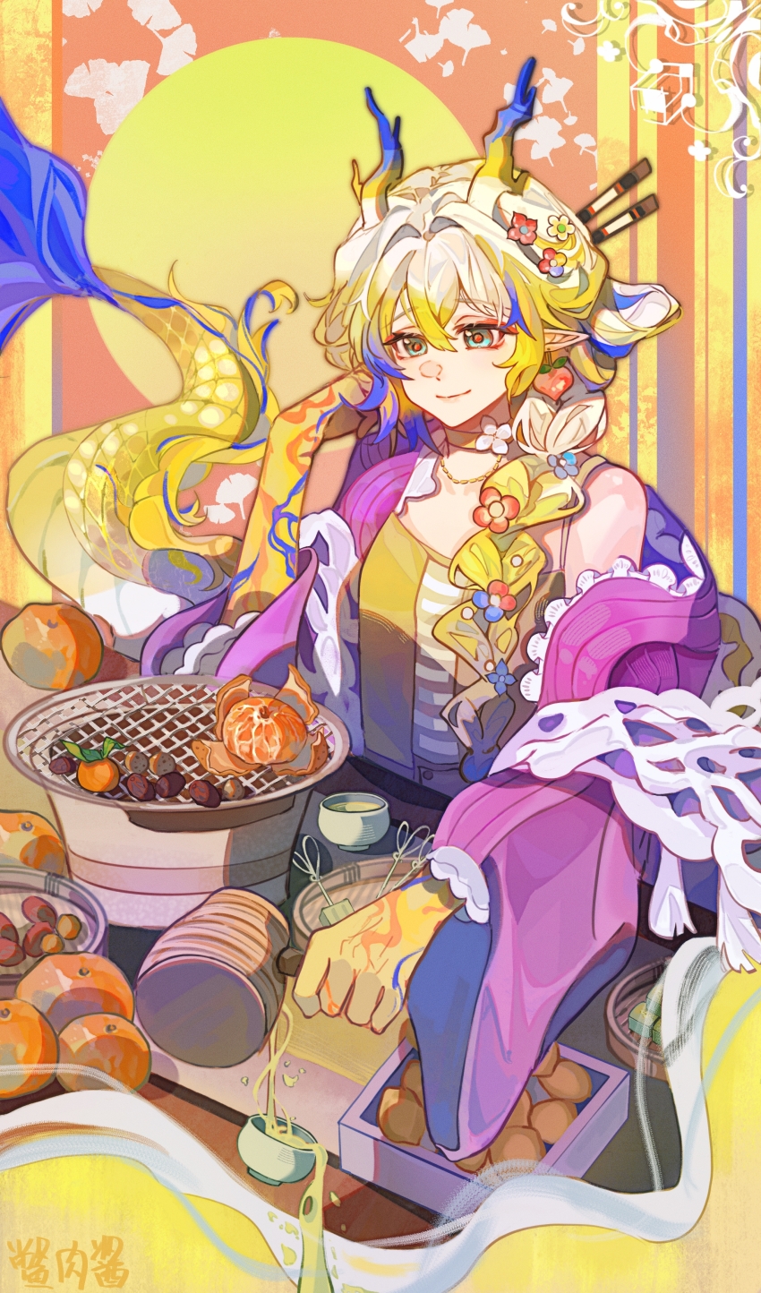 1girl absurdres aqua_eyes arknights bare_shoulders bie_rou_jiang blonde_hair braid chinese_commentary choker closed_mouth commentary_request dragon_girl dragon_horns dragon_tail flower food frilled_sleeves frills fruit grill hair_between_eyes hair_flower hair_intakes hair_ornament hair_over_shoulder highres holding horns long_hair long_sleeves looking_at_food looking_down mandarin_orange multicolored_hair official_alternate_costume orange_pupils pointy_ears purple_hair shawl shu_(arknights) shu_(spring_feast)_(arknights) smile solo tail tassel white_hair white_shawl yellow_choker
