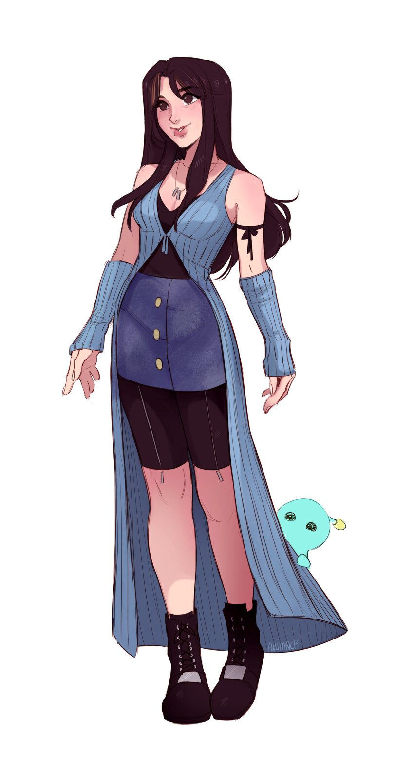1girl absurdres arm_ribbon arm_warmers bare_shoulders bike_shorts black_boots black_hair black_ribbon black_shirt black_shorts blue_cardigan blue_skirt boots breasts brown_hair buttons cardigan center_opening cleavage creature final_fantasy final_fantasy_viii full_body highres jewelry long_hair medium_breasts multicolored_hair necklace parted_bangs parted_lips pupu_(ff8) ribbon ring ring_necklace rinoa_heartilly shirt shorts sidelocks skirt skirtzzz sleeveless sleeveless_shirt solo streaked_hair white_background