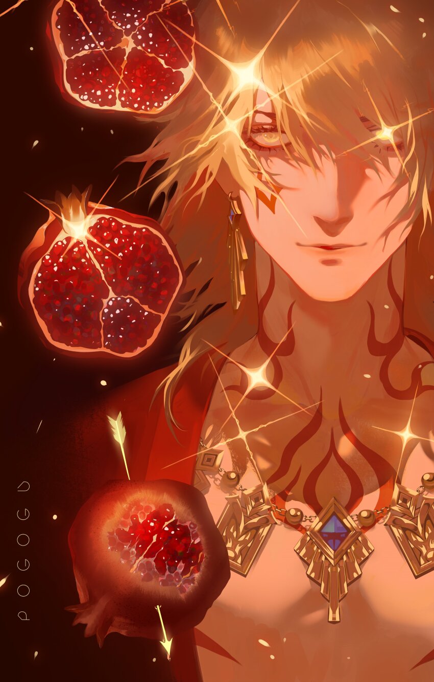 1boy absurdres artist_name closed_mouth earrings facial_tattoo food fruit highres honkai:_star_rail honkai_(series) jewelry looking_at_viewer male_focus medium_hair mydei_(honkai:_star_rail) orange_eyes orange_hair pogogu pomegranate red_tattoo smile solo tattoo upper_body