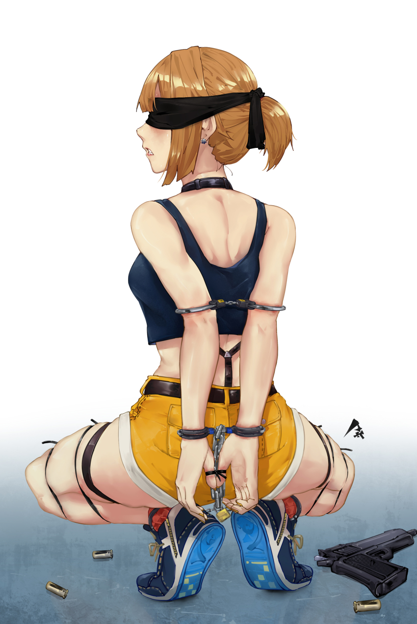 .50_action-express 1girl absurdres action_arms arms_behind_back bdsm blindfold blue_footwear bondage bound breasts shell_casing chain choker commercial_cartridge commission cuffs earrings from_behind full_body girls&#039;_frontline grizzly_mkv_(girls&#039;_frontline) grizzly_mkv_(weekend_cop)_(girls&#039;_frontline) gun hair_ornament hair_scrunchie handcuffs handgun handgun_cartridge highres jewelry l.a.r._manufacturing lar_grizzly_win_mag lock looking_back magnum_cartridge official_alternate_costume padlock pick&#039;k pistol_cartridge ponytail restrained scrunchie second-party_source shell_casing short_hair short_ponytail short_shorts shorts skindentation socks squatting tank_top thigh_strap weapon yellow_shorts