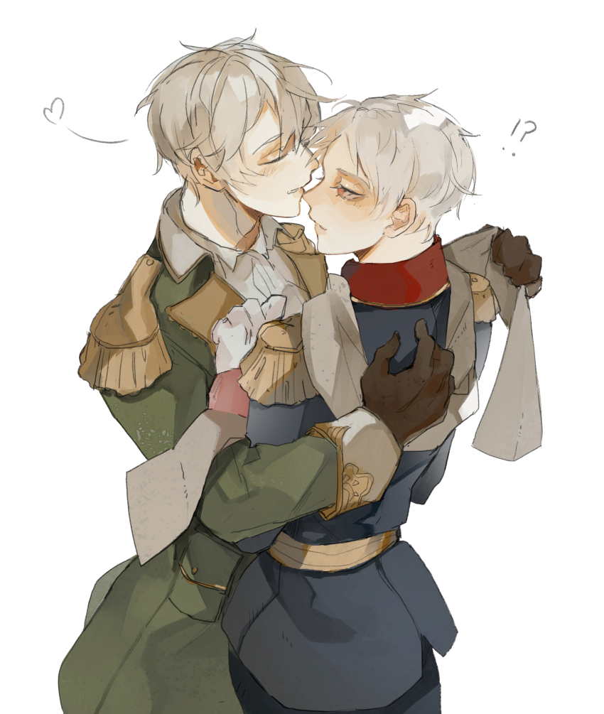 !? 2boys absurdres axis_powers_hetalia back belt blue_jacket blush brown_gloves closed_eyes collared_shirt commentary_request epaulettes gloves green_jacket grey_hair hair_between_eyes half-closed_eyes hand_on_another&#039;s_back hand_on_another&#039;s_chest heart highres holding_cloth jacket kamui_(kurohshiro1) lapels looking_at_another male_focus military_jacket multiple_boys open_clothes open_jacket pocket prussia_(hetalia) red_eyes russia_(hetalia) scarf shirt short_hair simple_background smile teeth white_background white_gloves white_scarf white_shirt yaoi yellow_belt