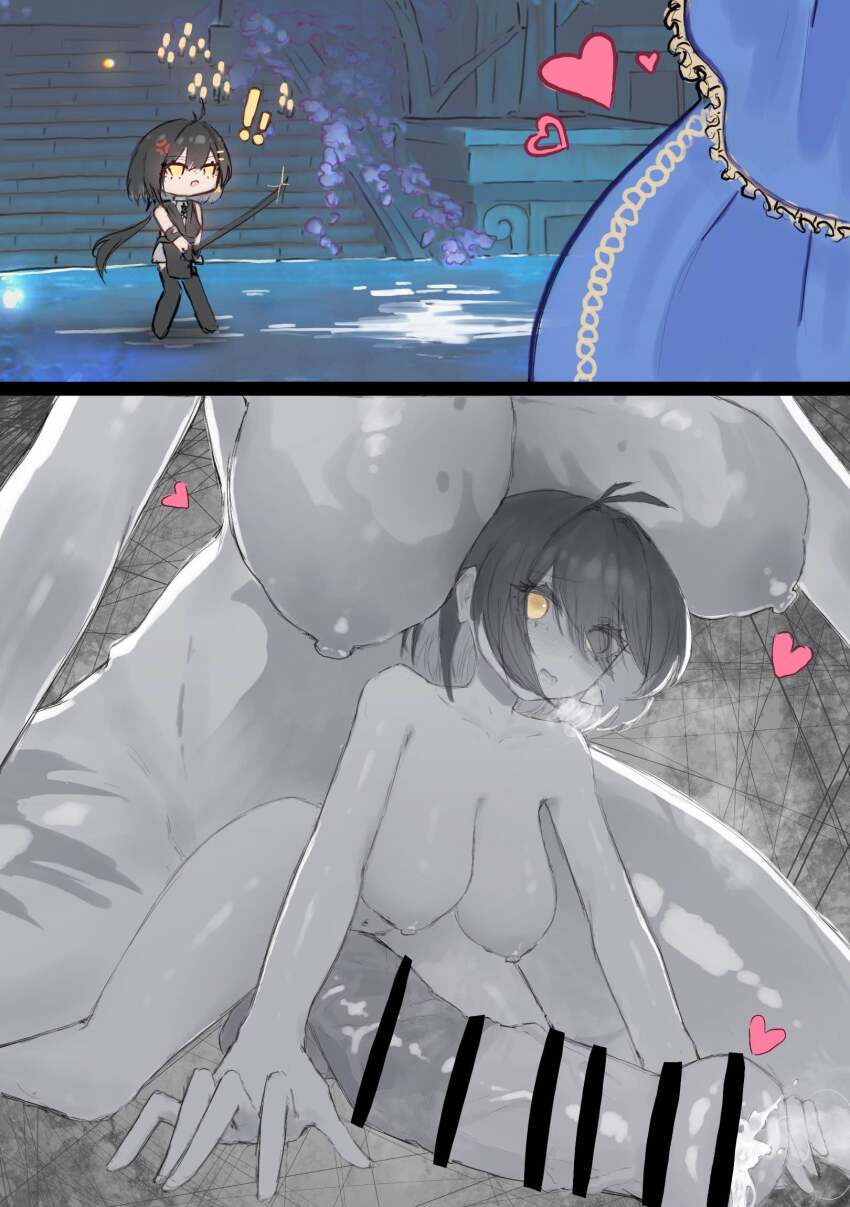 ! !! 1futa 1girl 2koma all_fours anger_vein animal_penis bar_censor black_hair blush breasts breath censored colored_inner_hair comic completely_nude cuora_(artist) erection futa_with_female futanari heart highres holding holding_sword holding_weapon horse_penis huge_breasts huge_penis imminent_penetration katana long_hair looking_at_penis looking_back lorelei_(wuthering_waves) medium_breasts multicolored_hair nipples nude open_mouth penis ponytail precum rover_(wuthering_waves) size_difference spot_color sword testicles weapon wuthering_waves yellow_eyes