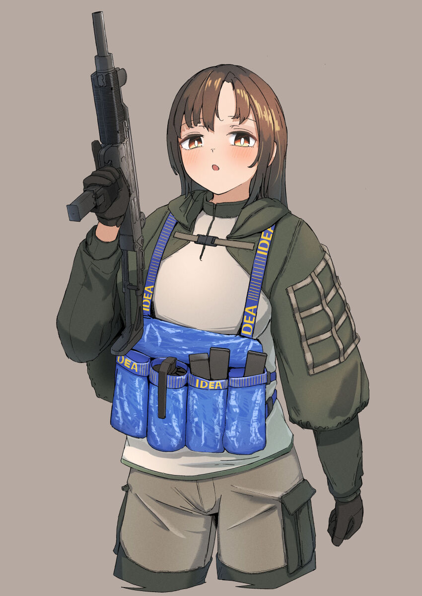 1girl :o absurdres black_gloves blush brand_name_imitation bright_pupils brown_background brown_eyes brown_hair brown_pants commentary cropped_jacket explosive gloves green_jacket grenade gun hand_up highres holding holding_weapon ikea ikea_bag ikea_shark jacket long_hair long_sleeves looking_at_viewer magazine_(weapon) okapi_(yomaigoto) original pants simple_background solo standing stuffed_animal stuffed_shark stuffed_toy submachine_gun trigger_discipline uzi weapon white_pupils