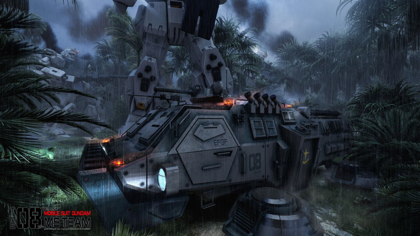 3d absurdres ammunition_box armored_personnel_carrier armored_vehicle army backpack bag cannon commentary dirty earth_federation english_commentary english_text gatling_gun ground_gundam gundam gundam_08th_ms_team highres hovercraft jungle legs lights machinery mecha michaellee4 military mobile_suit motor_vehicle nature no_humans rain rainforest realistic robot science_fiction searchlight title turret type_74_(gundam) watercraft