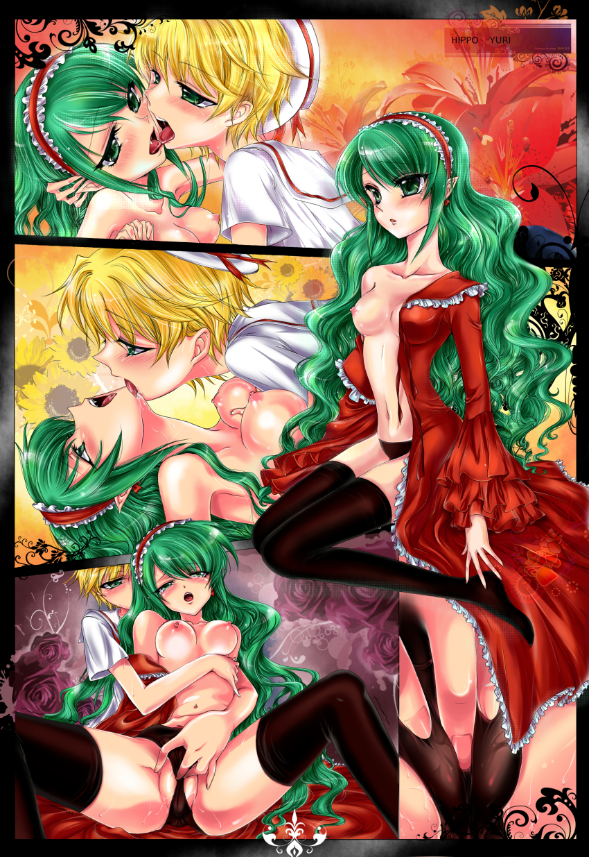 00s 1boy 1girl absurdres black_panties black_thighhighs blonde_hair blush breasts character_name fingering french_kiss gradient_background green_eyes green_hair hat hetero highres hippo_(mermaid_melody_pichi_pichi_pitch) hug hug_from_behind kiss licking licking_another&#039;s_face long_hair mermaid_melody_pichi_pichi_pitch nadi2697 navel nipples open_mouth panties short_hair small_breasts tears thighhighs tongue underwear yuuri_(mermaid_melody_pichi_pichi_pitch)