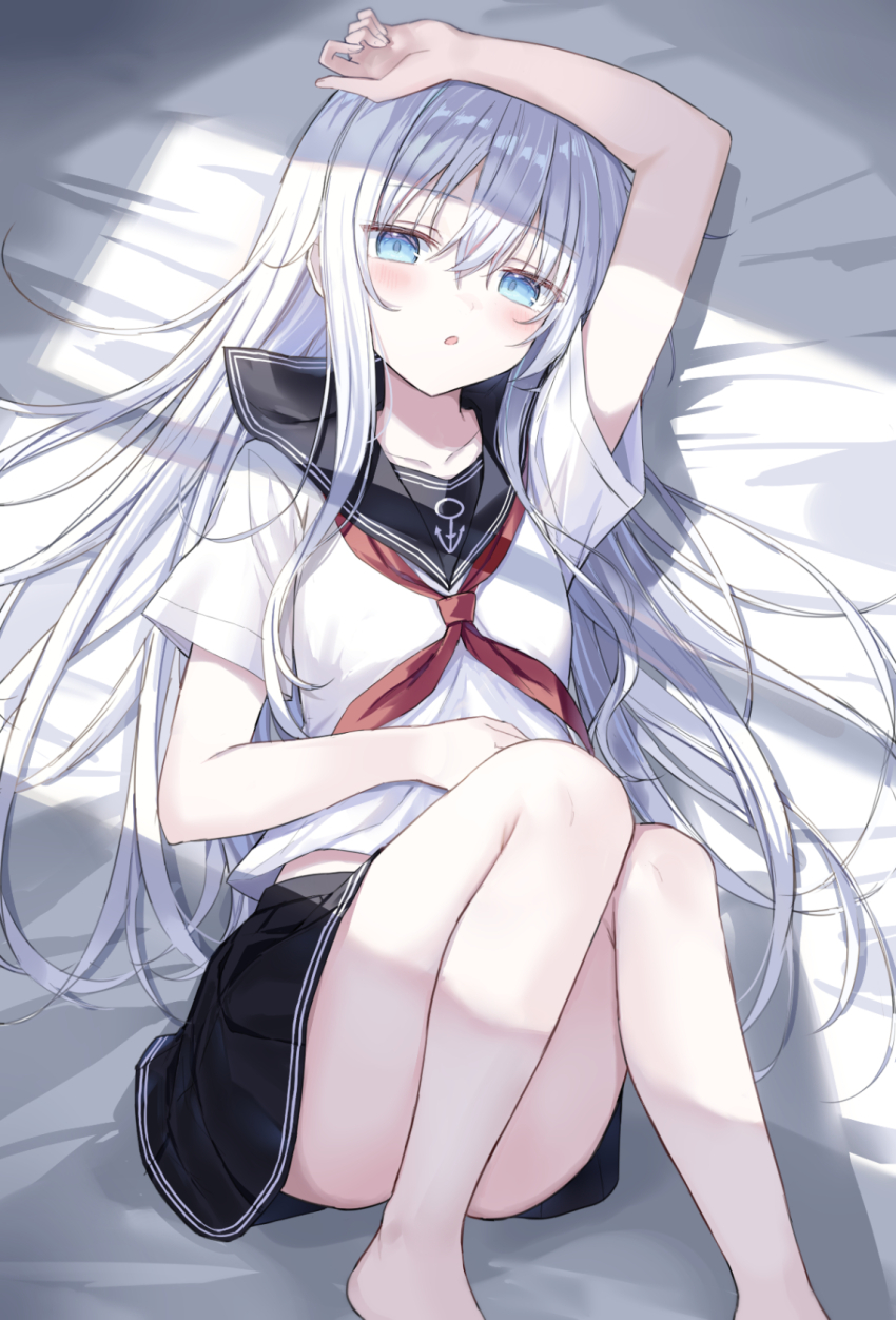 1girl :o anchor_symbol arm_up bare_arms bare_legs barefoot black_sailor_collar black_skirt blue_eyes blush breasts collarbone commentary convenient_leg crossed_bangs feet_out_of_frame hair_between_eyes hand_on_own_stomach hibiki_(kancolle) highres kantai_collection long_hair looking_at_viewer lying midriff_peek neckerchief on_back on_bed parted_lips pleated_skirt red_neckerchief sailor_collar school_uniform serafuku shikuro_(iorimiyakiyo) shirt short_sleeves sidelocks skirt small_breasts solo white_hair white_shirt