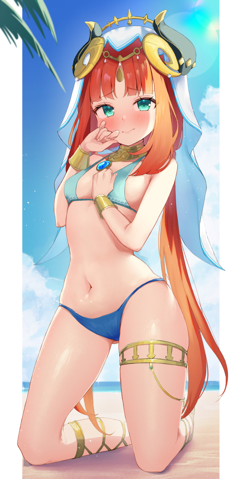 00s1g00 1girl absurdres alternate_costume aqua_eyes beach bikini blue_bikini blue_gemstone blue_sky blush breasts circlet closed_mouth cloud commentary_request day fake_horns gem genshin_impact gold_thighlet hands_up highres horns jewelry kneeling light_smile long_hair looking_at_viewer medium_breasts navel nilou_(genshin_impact) outdoors red_hair sky solo stomach swimsuit thighlet veil very_long_hair white_veil