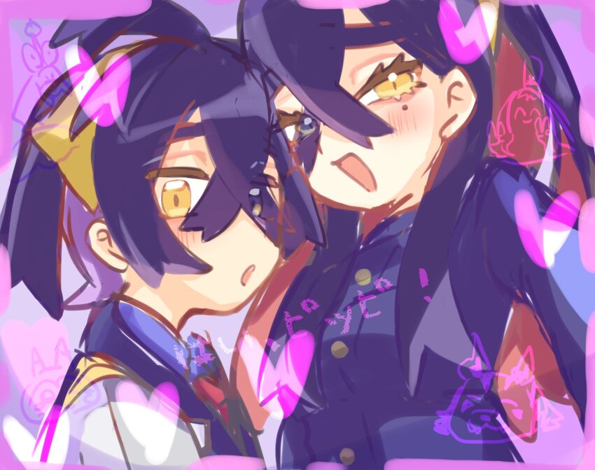 1boy 1girl black_hair blue_jacket blue_shirt blush brother_and_sister carmine_(pokemon) commentary_request crossed_bangs hair_between_eyes hairband heart highres jacket kieran_(pokemon) long_hair looking_at_viewer mole mole_under_eye nintendo open_mouth pokemon pokemon_sv purple_hair red_hair shirt siblings simple_background tacho_baby white_jacket yellow_eyes yellow_hairband