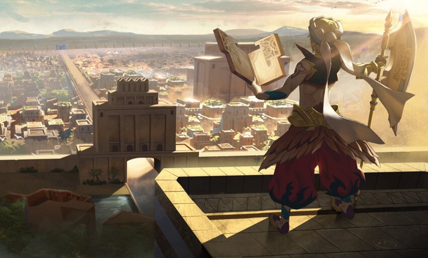 1boy aora arabian_clothes building city cityscape cloud cropped_vest earrings fate/grand_order fate_(series) from_above from_behind gauntlets gilgamesh gilgamesh_(caster)_(fate) gilgamesh_(fate) harem_pants holding holding_weapon horizon jewelry outdoors pants road rooftop single_gauntlet sky solo standing stone_tablet turban vest weapon