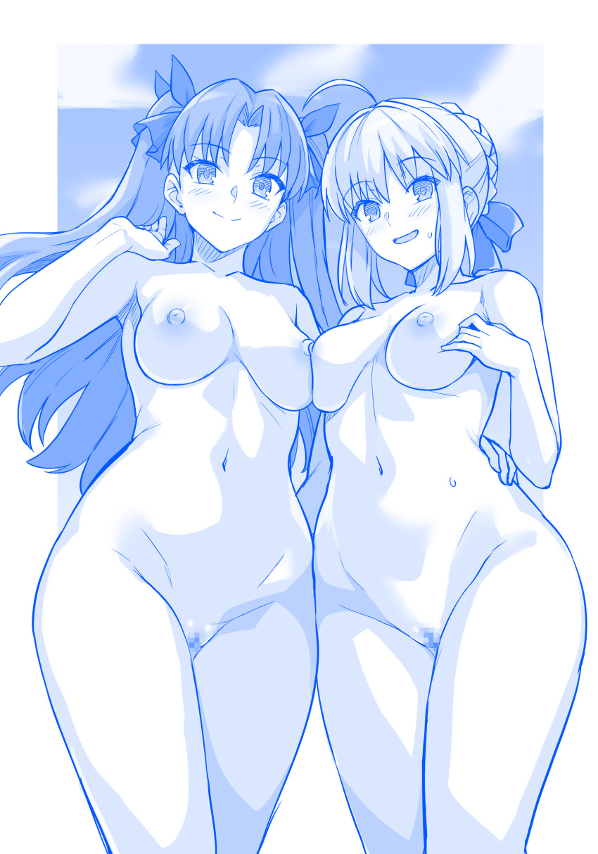 2girls :d absurdres artoria_pendragon_(fate) blush braid breasts collarbone completely_nude crown_braid fate/stay_night fate_(series) hair_ribbon haruhisky highres long_hair looking_at_viewer medium_breasts monochrome multiple_girls navel nude open_mouth pussy ribbon saber_(fate) sidelocks smile standing stomach thighs two_side_up very_long_hair