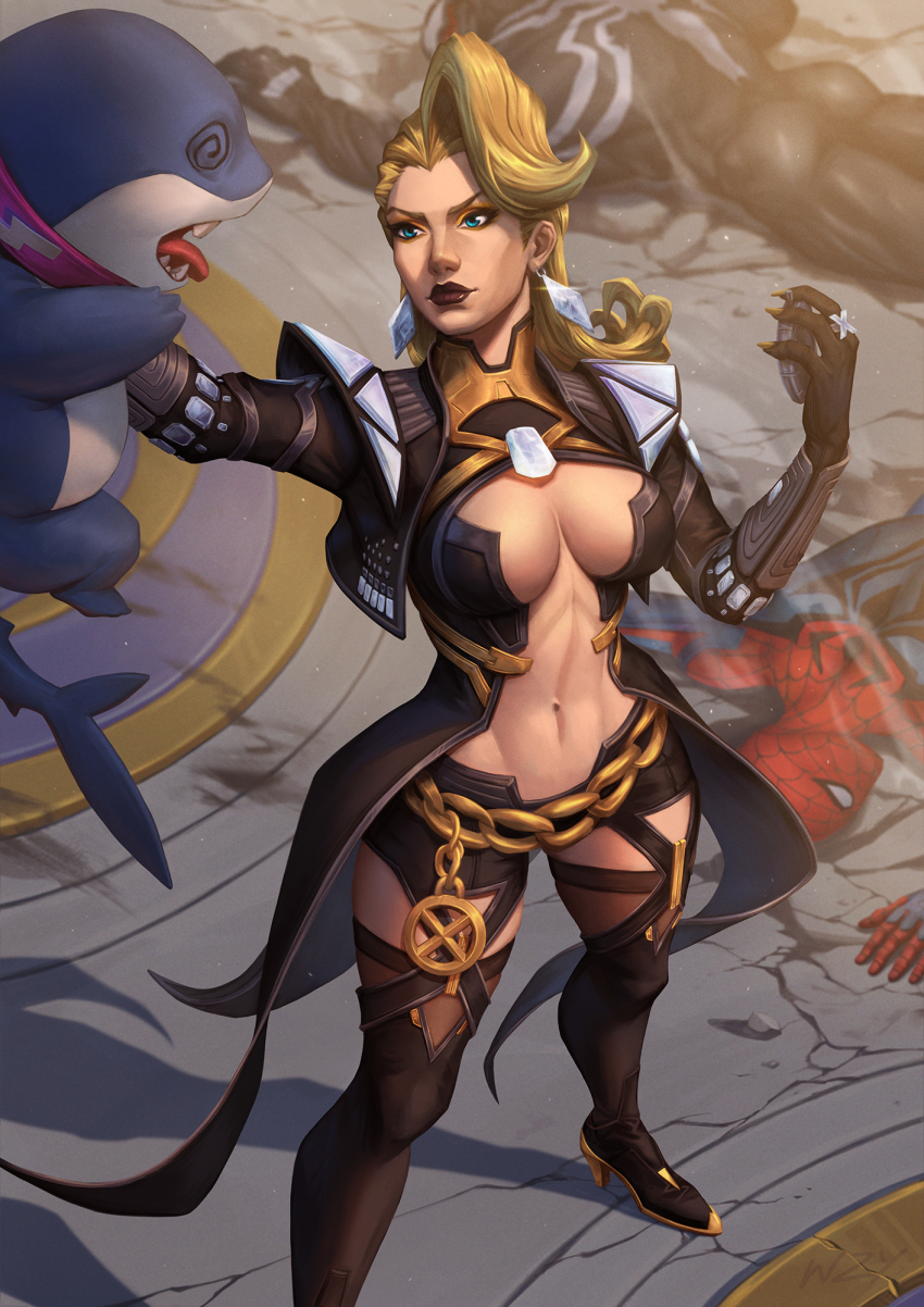 1girl 2boys blonde_hair bodysuit breasts emma_frost emma_frost_(x-revolution) highres jeff_(marvel) marvel marvel_rivals multiple_boys muscular muscular_male navel open_mouth shark sharp_teeth short_hair spider-man spider-man_(series) symbiote teeth tongue venom_(marvel) wzy_art x-men