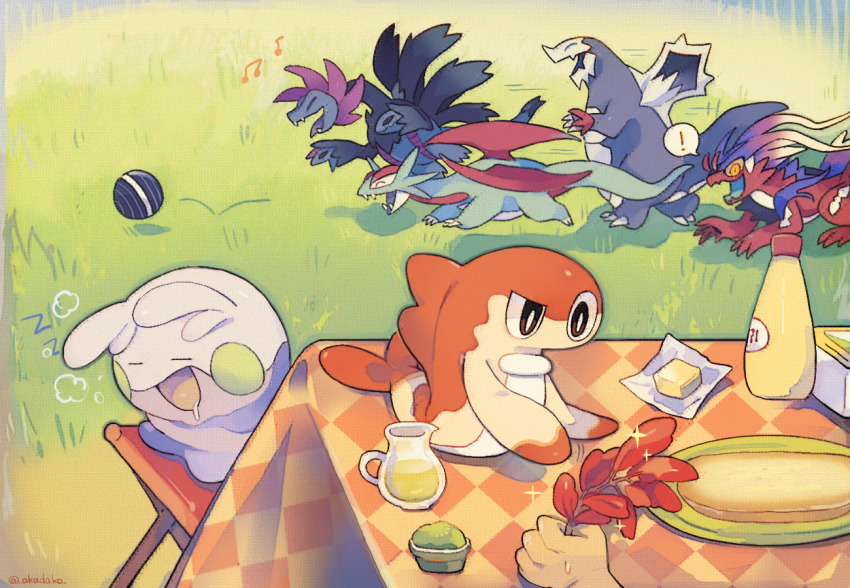 ! =_= ^_^ akadako animal_focus ball baxcalibur blush_stickers bottle bread bright_pupils brown_eyes butter chair closed_eyes day disembodied_hand dragon drooling fangs faux_traditional_media food gen_3_pokemon gen_5_pokemon gen_6_pokemon goomy grass half-closed_eye happy holding hydreigon koraidon motion_lines musical_note mustard nintendo on_chair open_mouth orange_eyes outdoors pitcher_(container) plate pokemon pokemon_(creature) pokemon_sv running salamence saliva sleeping smile sparkle speech_bubble spoken_exclamation_mark table tatsugiri tatsugiri_(curly) trait_connection uneven_eyes white_pupils zzz