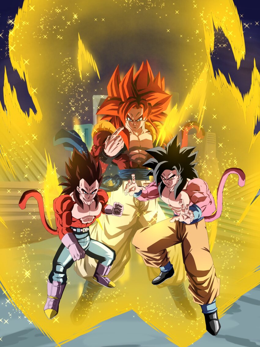3boys aura black_hair black_vest blue_pants blue_sash body_fur brown_fur brown_hair brown_tail cropped_shirt denim dragon_ball dragon_ball_gt dragon_ball_z_dokkan_battle fighting_stance gogeta group_picture highres long_hair metamoran_vest monkey_tail multiple_boys muscular muscular_male no_shirt open_clothes open_vest pants pink_fur pink_tail red_fur red_hair red_tail sash son_goku spiked_hair tail urotakanata02 vegeta vest white_pants yellow_pants