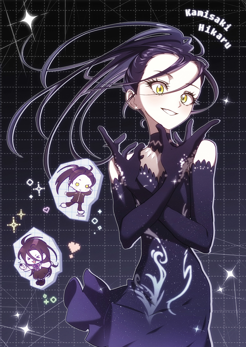 1girl absurdres black_dress black_gloves black_hair character_name dress elbow_gloves figure_skating_dress gloves heart highres jjim kamisaki_hikaru long_hair medalist_(manga) pixel_heart solo yellow_eyes