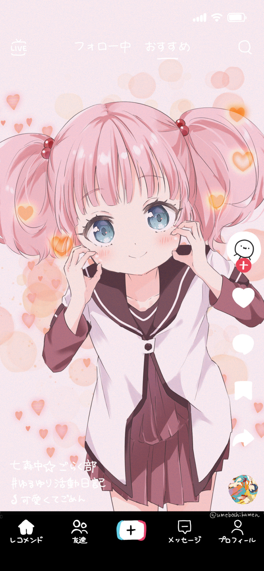 1girl absurdres black_sailor_collar blue_eyes blush closed_mouth collarbone cowboy_shot dotted_background dress fake_phone_screenshot fake_screenshot hair_bobbles hair_ornament hands_on_own_cheeks hands_on_own_face hands_up heart heart_background highres kawaikute_gomen_(honeyworks) layered_sleeves long_sleeves looking_at_viewer mearian namori_(character) nanamori_school_uniform pink_background pink_hair pleated_dress red_dress sailor_collar school_uniform shirt short_over_long_sleeves short_sleeves solo tiktok twintails white_shirt yoshikawa_chinatsu yuruyuri