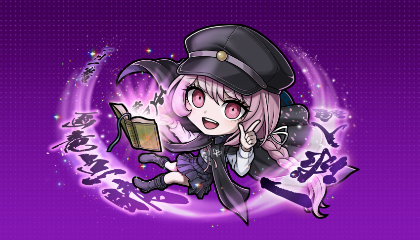 1girl :d black_cloak black_hat black_skirt book braid chibi chibi_only cloak fang floating floating_book floating_object full_body gakuseibou hat highres long_hair looking_at_viewer non-web_source official_art open_mouth pink_eyes pink_hair pleated_skirt purple_background semba_tsuruko shirt skirt smile solo tribe_nine white_shirt