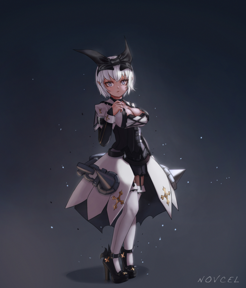 1girl artist_name black_bow black_choker black_footwear bob_cut bow breasts chain choker cleavage commentary cross cross-laced_clothes dark_skin dress english_commentary expressionless full_body garter_straps grey_eyes hair_bow hand_on_own_chest high_heels highres large_bow large_breasts light_particles long_sleeves mitsu_(novcel) novcel original pointy_ears shoes short_hair simple_background spikes strap thighhighs white_hair white_thighhighs